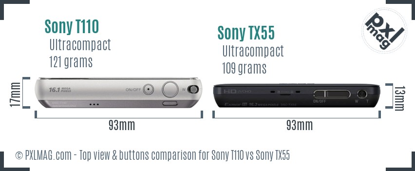 Sony T110 vs Sony TX55 top view buttons comparison