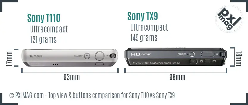 Sony T110 vs Sony TX9 top view buttons comparison