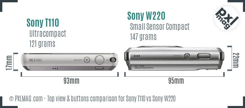 Sony T110 vs Sony W220 top view buttons comparison