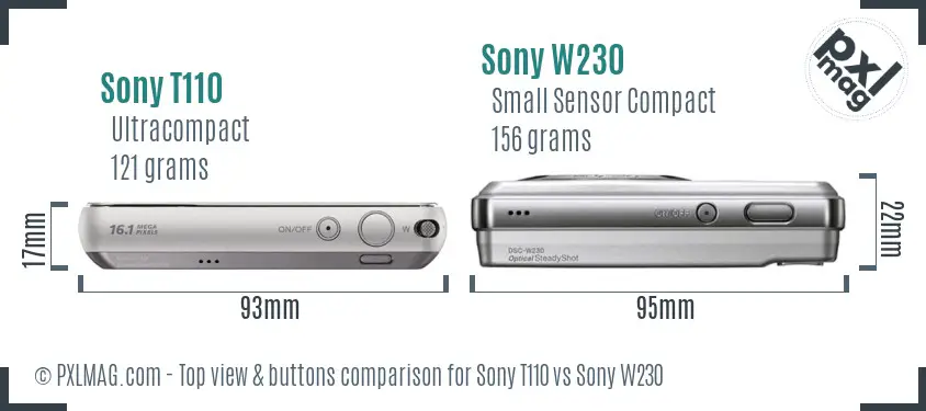Sony T110 vs Sony W230 top view buttons comparison