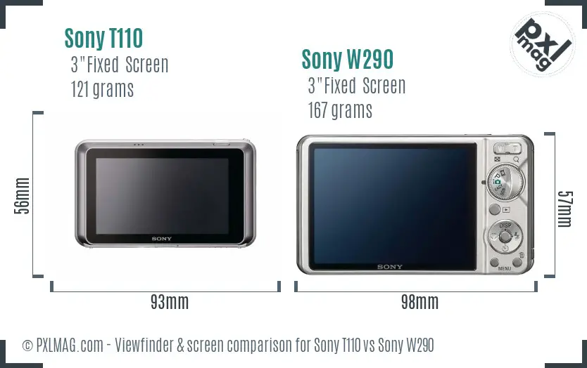 Sony T110 vs Sony W290 Screen and Viewfinder comparison