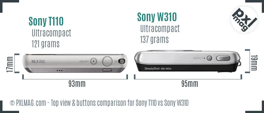 Sony T110 vs Sony W310 top view buttons comparison