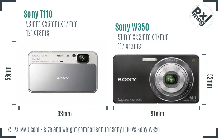 Sony T110 vs Sony W350 size comparison