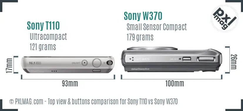 Sony T110 vs Sony W370 top view buttons comparison