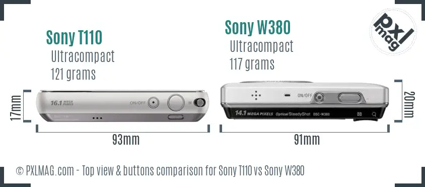 Sony T110 vs Sony W380 top view buttons comparison