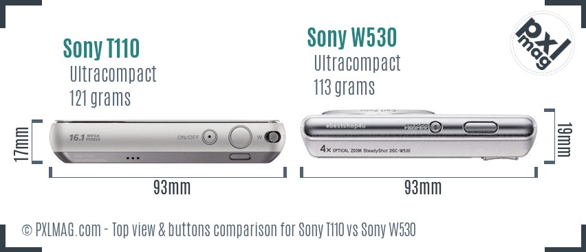 Sony T110 vs Sony W530 top view buttons comparison