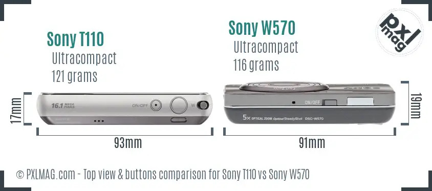 Sony T110 vs Sony W570 top view buttons comparison