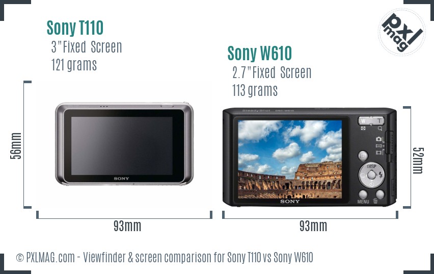 Sony T110 vs Sony W610 Screen and Viewfinder comparison