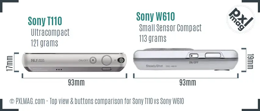 Sony T110 vs Sony W610 top view buttons comparison