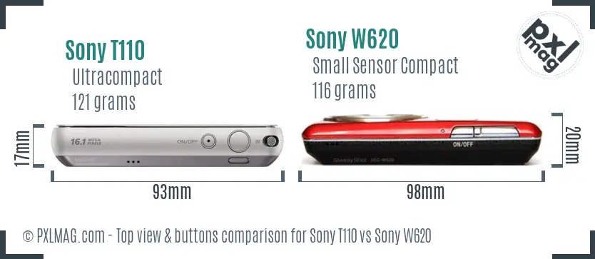 Sony T110 vs Sony W620 top view buttons comparison
