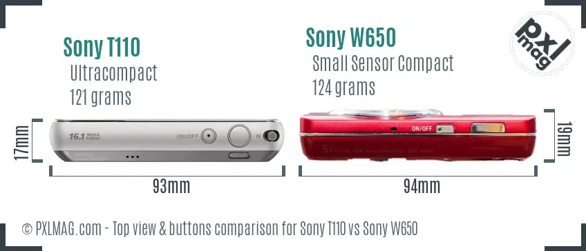 Sony T110 vs Sony W650 top view buttons comparison