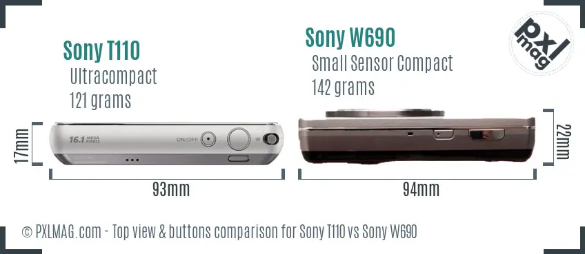 Sony T110 vs Sony W690 top view buttons comparison