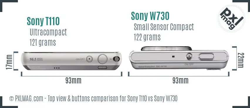 Sony T110 vs Sony W730 top view buttons comparison