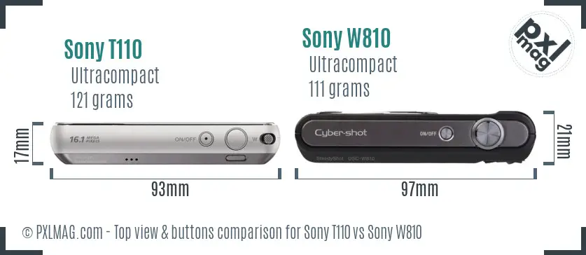 Sony T110 vs Sony W810 top view buttons comparison