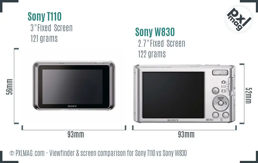Sony T110 vs Sony W830 Screen and Viewfinder comparison