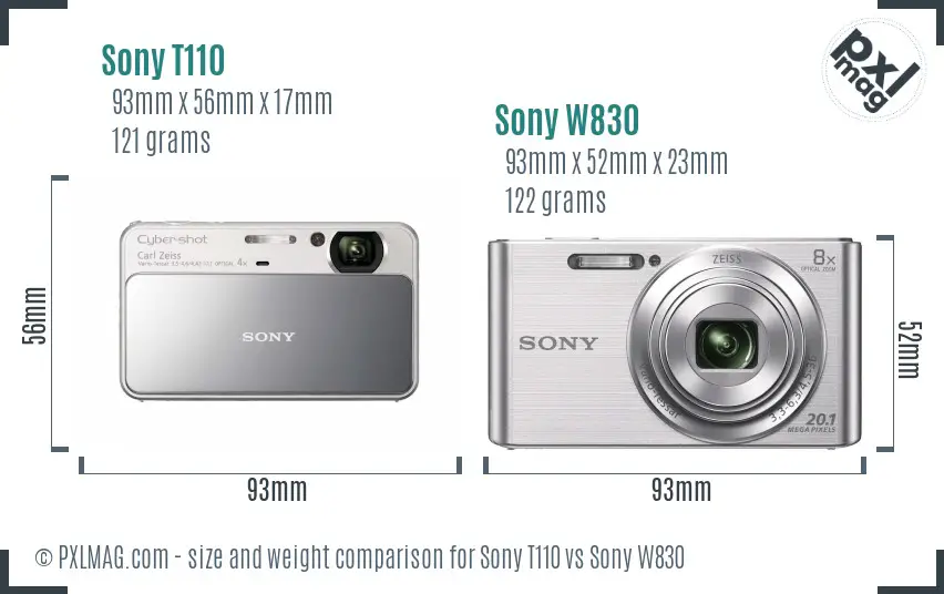 Sony T110 vs Sony W830 size comparison