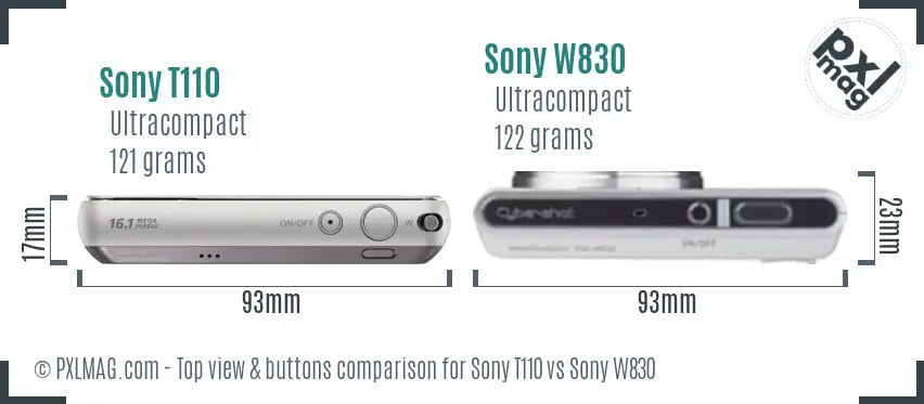 Sony T110 vs Sony W830 top view buttons comparison