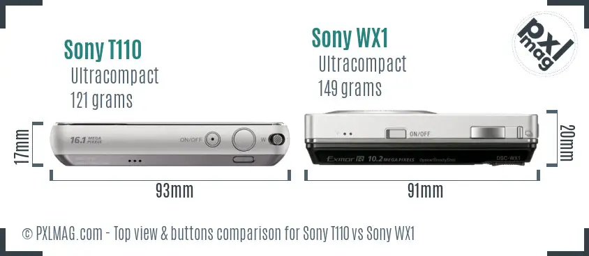 Sony T110 vs Sony WX1 top view buttons comparison
