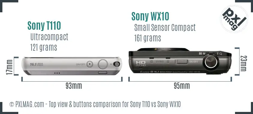 Sony T110 vs Sony WX10 top view buttons comparison