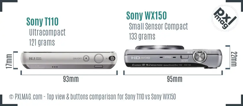Sony T110 vs Sony WX150 top view buttons comparison