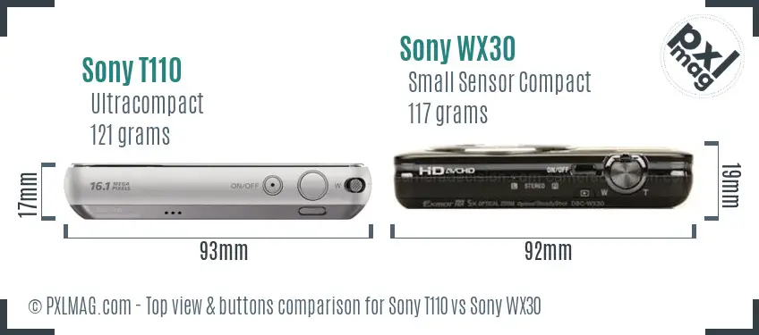 Sony T110 vs Sony WX30 top view buttons comparison