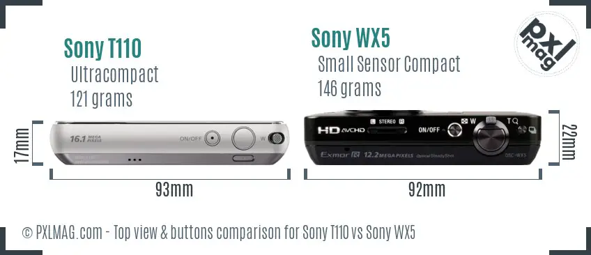 Sony T110 vs Sony WX5 top view buttons comparison