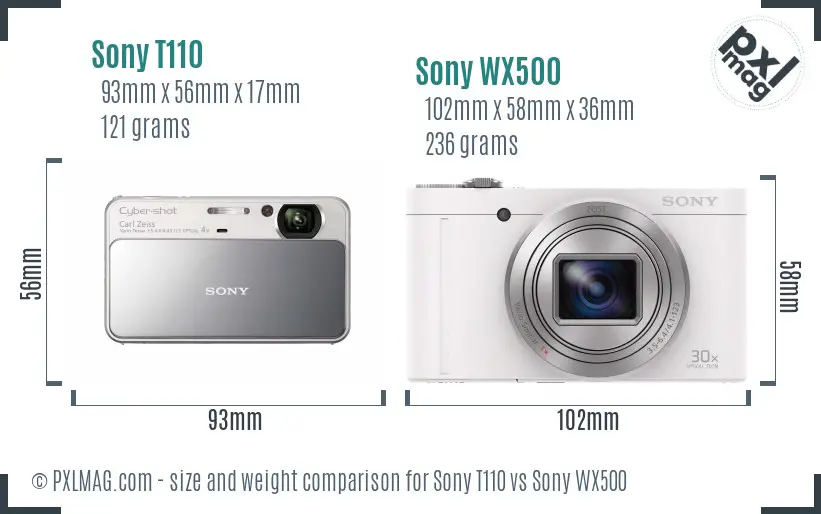 Sony T110 vs Sony WX500 size comparison
