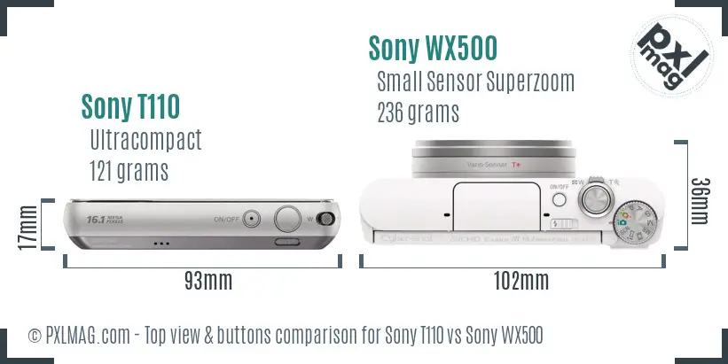 Sony T110 vs Sony WX500 top view buttons comparison