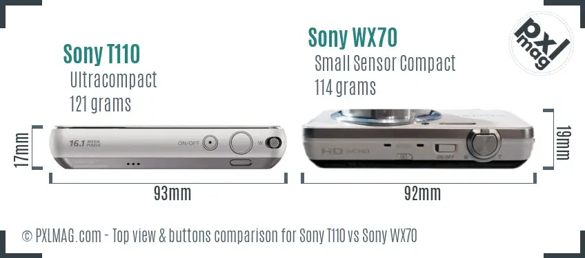 Sony T110 vs Sony WX70 top view buttons comparison