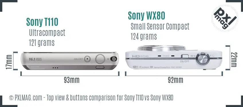 Sony T110 vs Sony WX80 top view buttons comparison