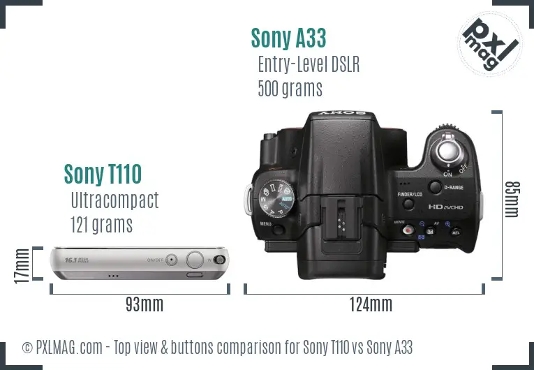 Sony T110 vs Sony A33 top view buttons comparison