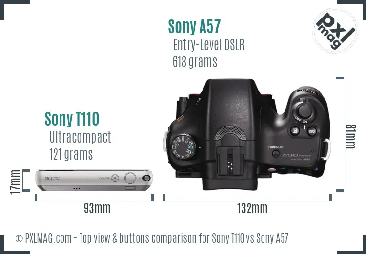 Sony T110 vs Sony A57 top view buttons comparison