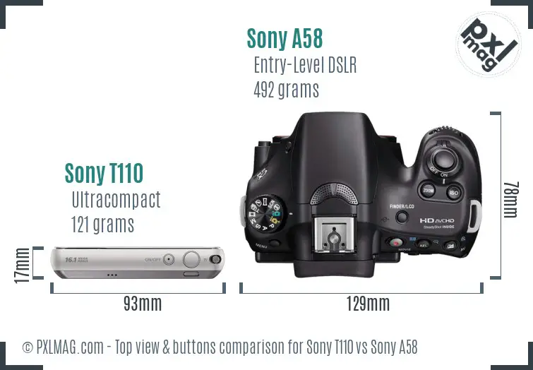 Sony T110 vs Sony A58 top view buttons comparison