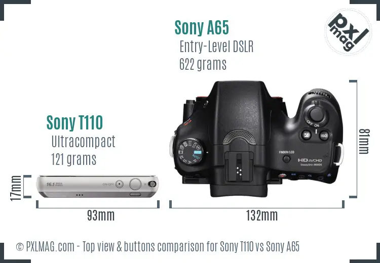 Sony T110 vs Sony A65 top view buttons comparison