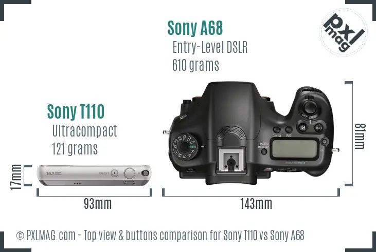 Sony T110 vs Sony A68 top view buttons comparison
