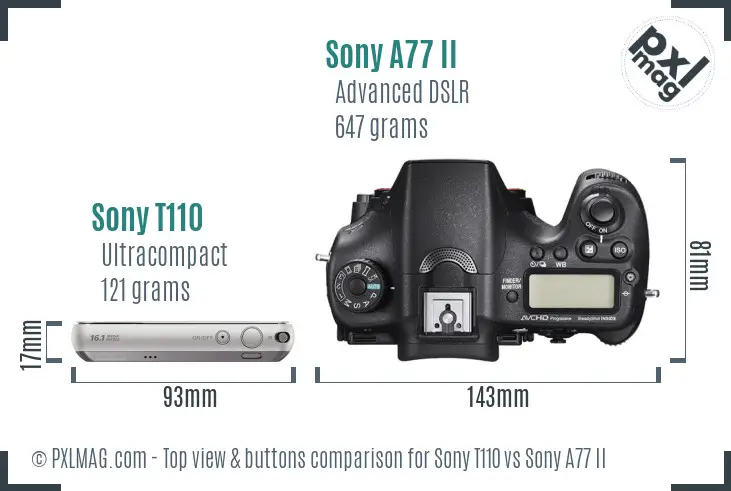Sony T110 vs Sony A77 II top view buttons comparison