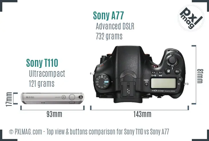 Sony T110 vs Sony A77 top view buttons comparison