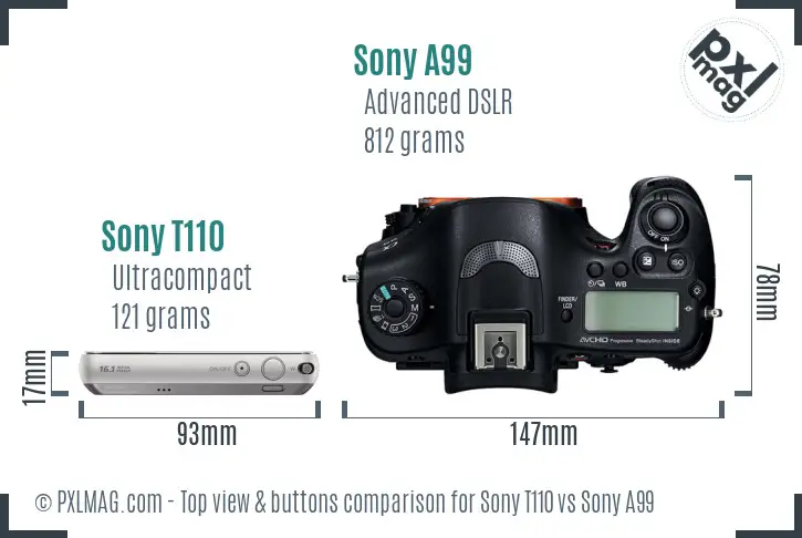 Sony T110 vs Sony A99 top view buttons comparison