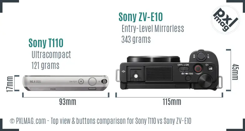 Sony T110 vs Sony ZV-E10 top view buttons comparison Sony T110 vs Sony ZV-E10 top view buttons comparison