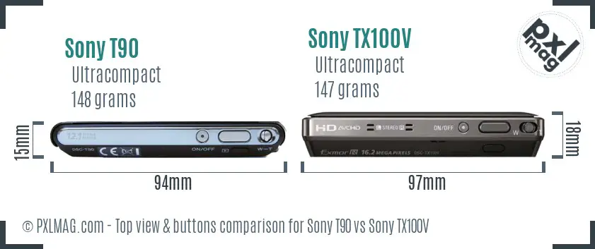 Sony T90 vs Sony TX100V top view buttons comparison