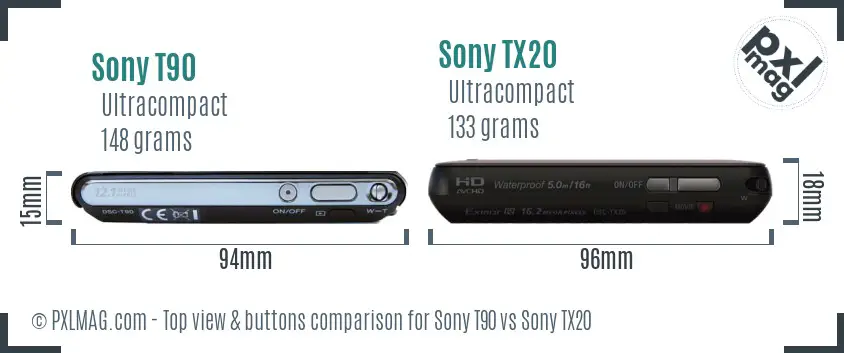 Sony T90 vs Sony TX20 top view buttons comparison