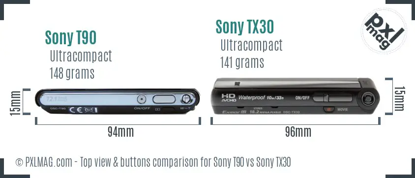 Sony T90 vs Sony TX30 top view buttons comparison