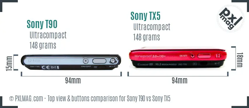 Sony T90 vs Sony TX5 top view buttons comparison