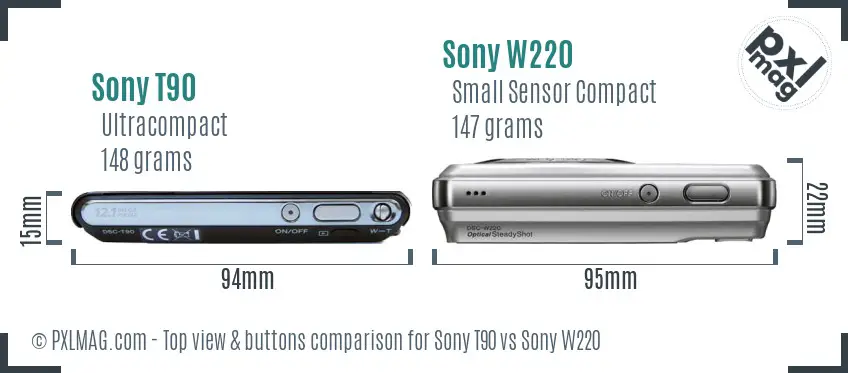 Sony T90 vs Sony W220 top view buttons comparison