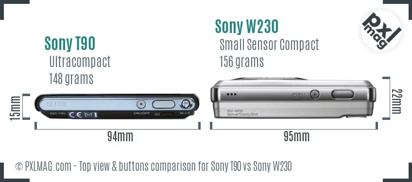 Sony T90 vs Sony W230 top view buttons comparison