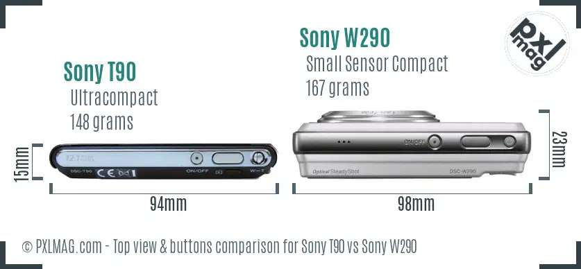 Sony T90 vs Sony W290 top view buttons comparison