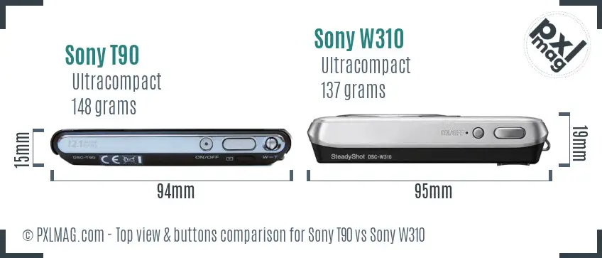 Sony T90 vs Sony W310 top view buttons comparison