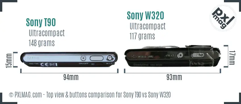Sony T90 vs Sony W320 top view buttons comparison