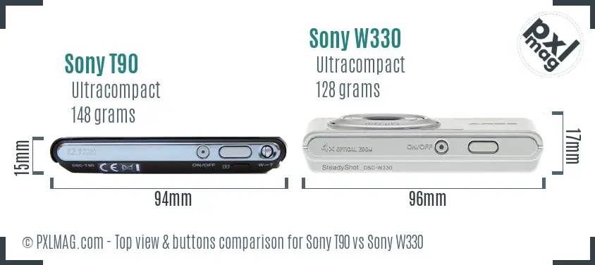Sony T90 vs Sony W330 top view buttons comparison