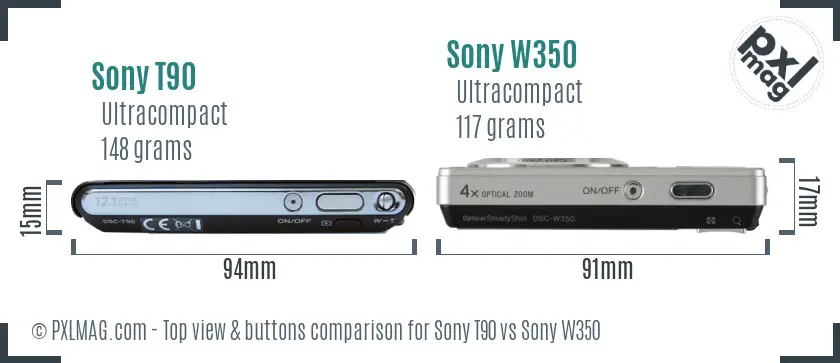 Sony T90 vs Sony W350 top view buttons comparison